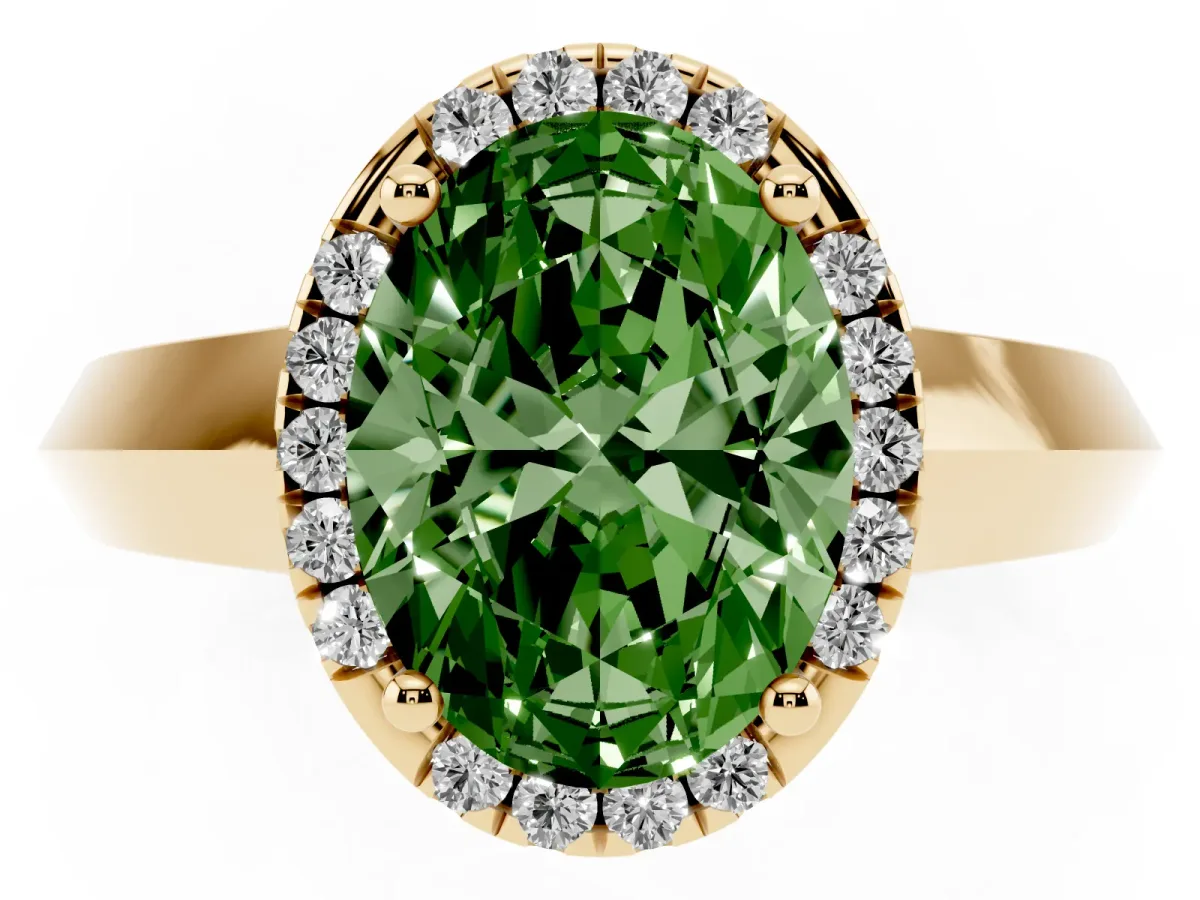 Fancy Green Oval Cut Halo Diamond Ring with Cathedral Band and Four-Prong Setting Yellow gold