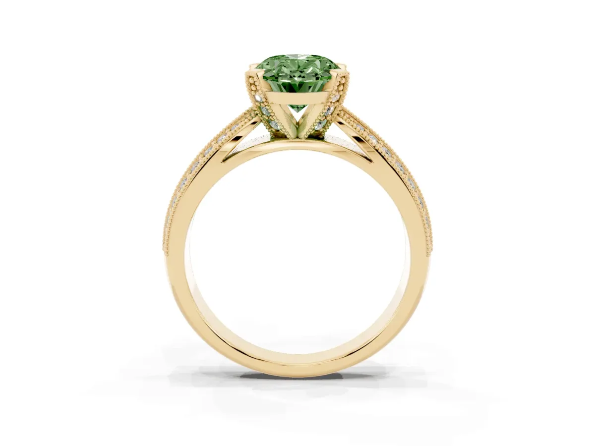 Fancy Green Oval Cut Diamond Solitaire Ring with Milgrain Round Pavé Band and Prong Setting Yellow gold