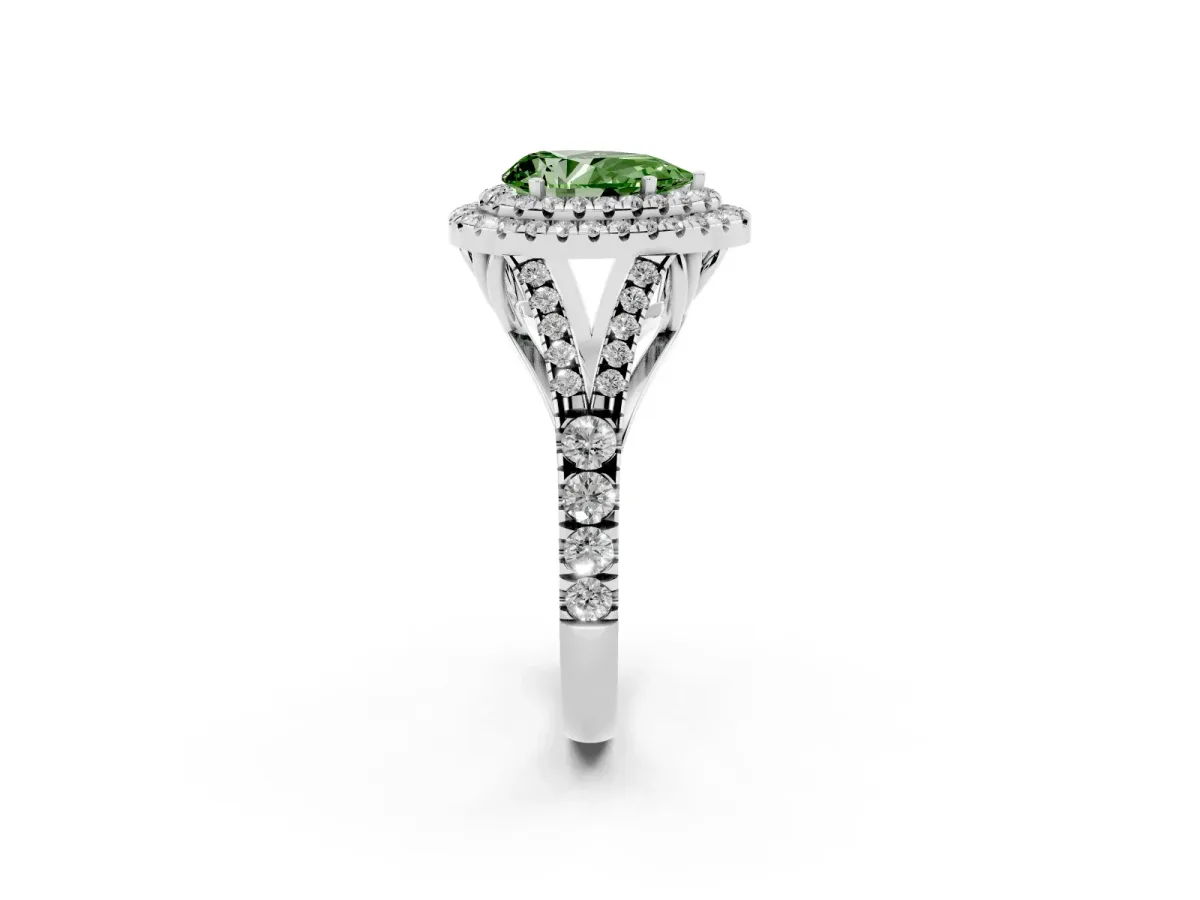 Fancy Green Pear Cut Cut Double Halo Split Shank Diamond Ring with Prong Setting Silver