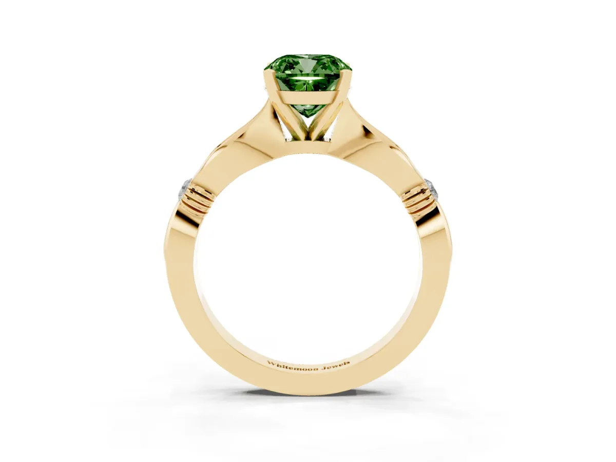 Fancy Green Cushion Cut Solitaire Diamond Twisted Band with Four-Prong Setting Yellow gold