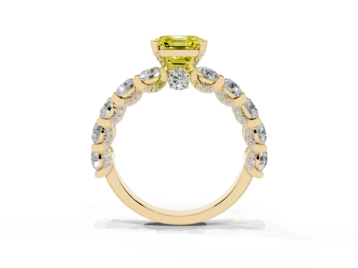 Fancy Yellow Asscher Cut Diamond Side Stone Engagement Ring with Four-Prong Setting Yellow gold