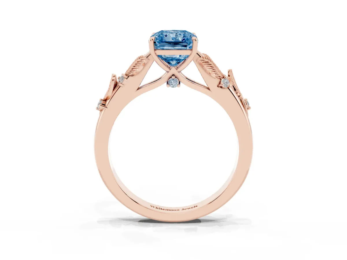Fancy Blue Radiant Cut Diamond Solitaire Ring with Leaf Motif Band and Four-Prong Setting Rose gold