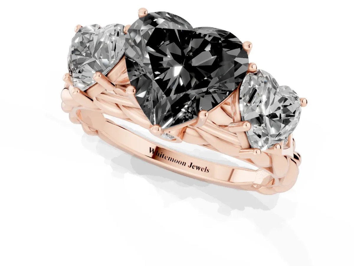 Fancy Black Three-Stone Heart Cut Diamond Braided Band Ring with Four-Prong Setting Rose gold