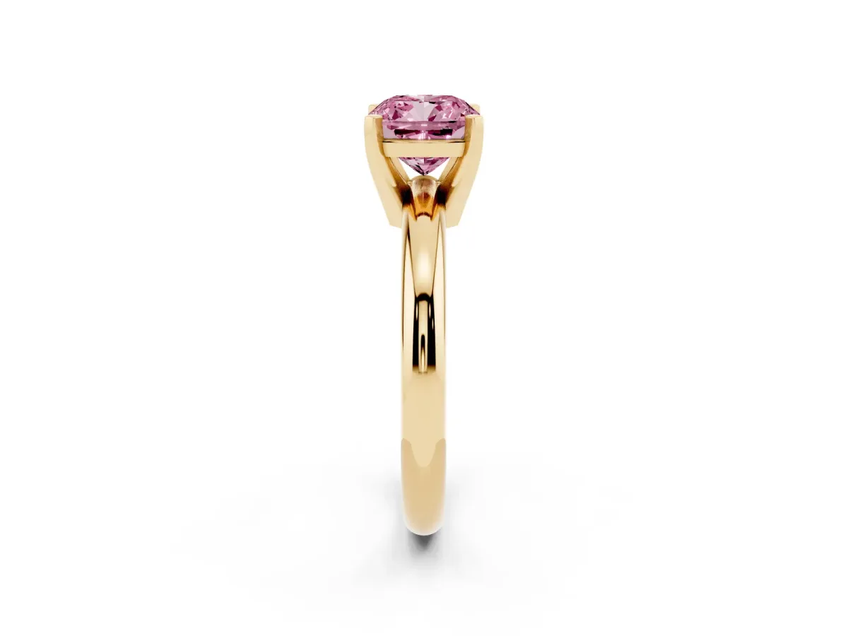 Fancy Pink Cushion Cut Diamond Solitaire Engagement Ring with Round Band and Four-Prong Setting Yellow gold