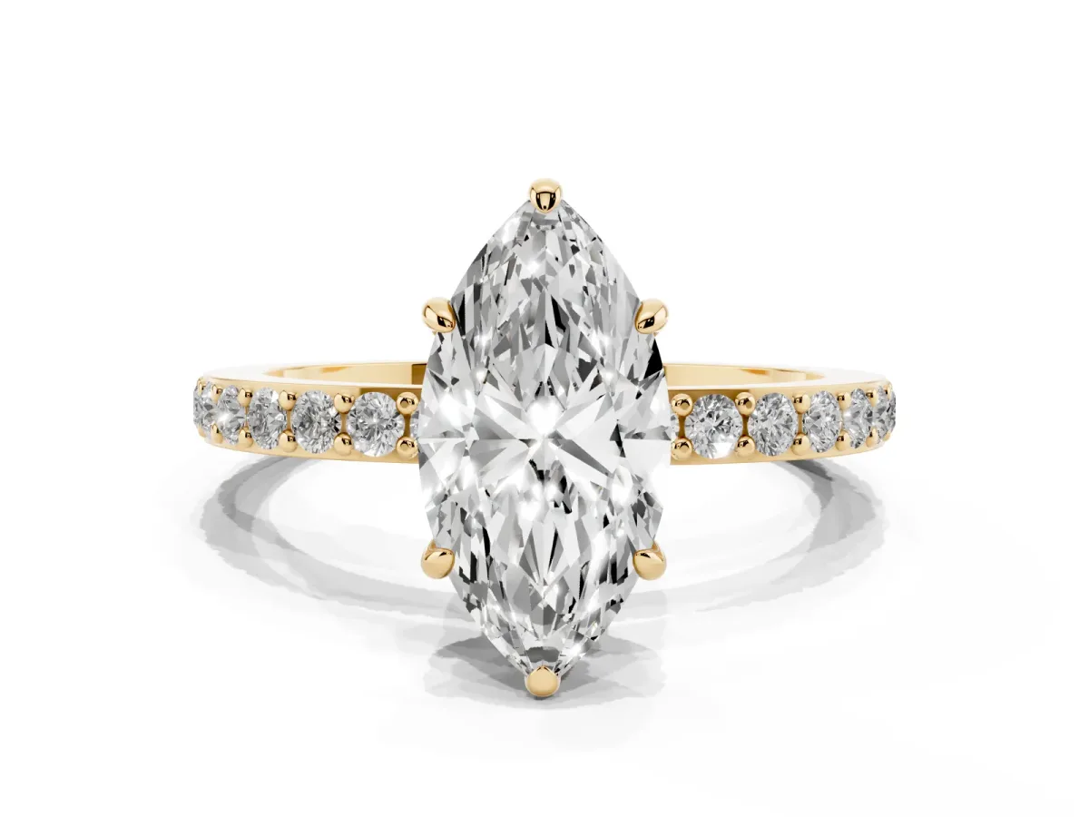 Marquise Cut Diamond Pavé Engagement Ring with Round Accents and Prong Setting Yellow gold