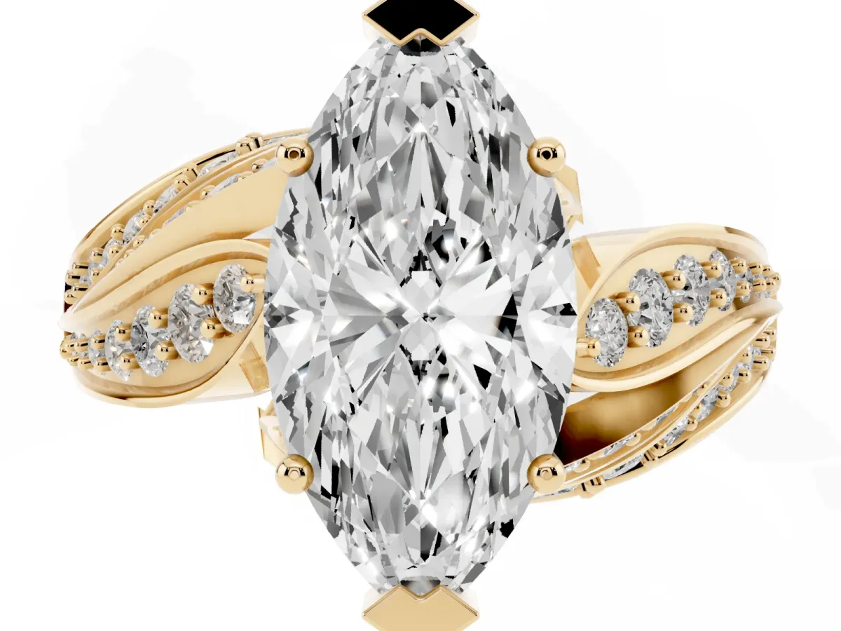 Marquise Cut Diamond Solitaire Ring with Prong Setting and Twisted Pavé Band Yellow gold