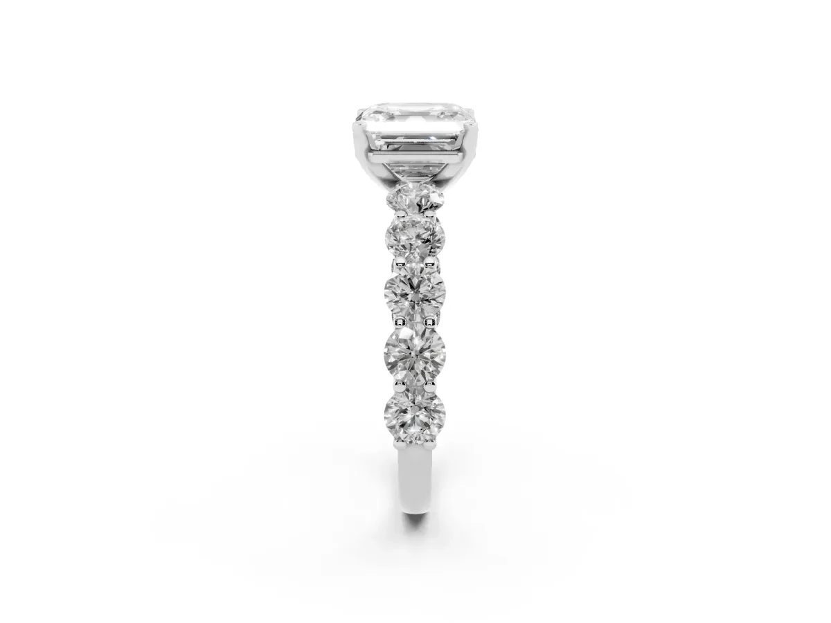 Asscher Cut Diamond Prong Setting with Side Stones on a Pave Band Silver