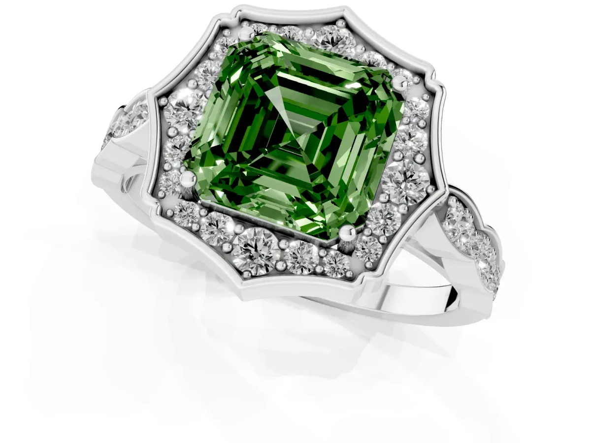 Fancy Green Asscher Cut Halo Diamond Engagement Ring with Milgrain Band and Four-Prong Setting Platinum