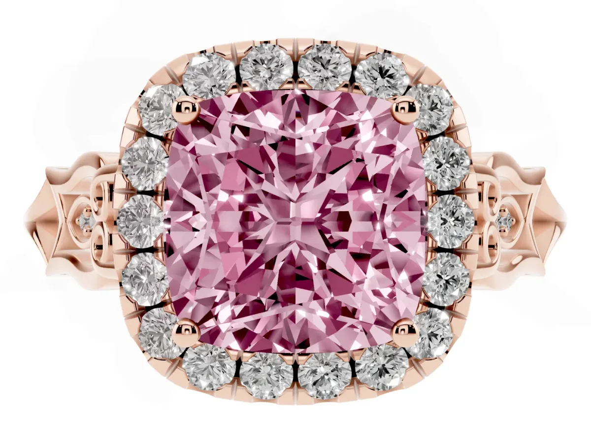 Fancy Pink Cushion Cut Halo Diamond Engagement Ring with Filigree Band and Four-Prong Setting Rose gold