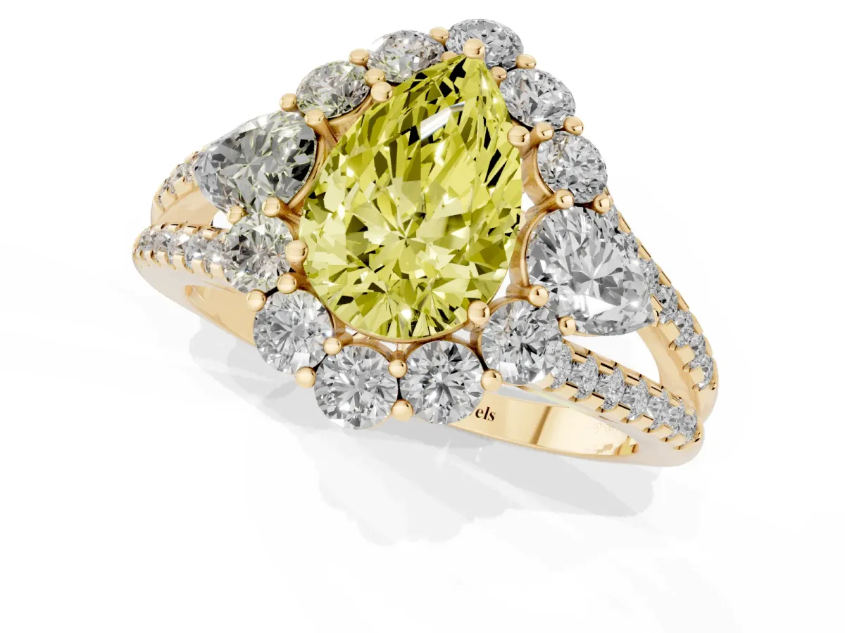 Fancy Yellow Pear Cut Halo Split Shank Diamond Engagement Ring with Prong Setting Yellow gold