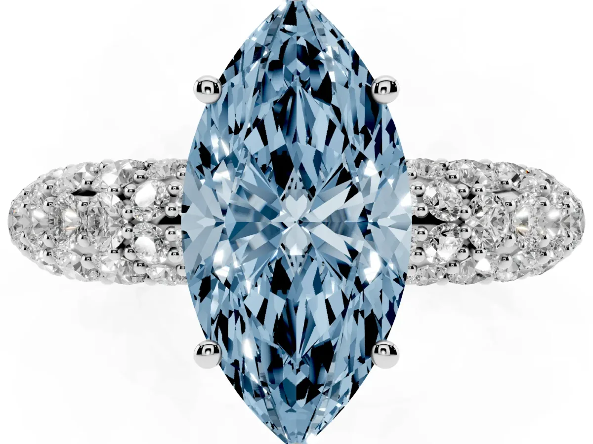 Fancy Blue Marquise Cut Diamond Pavé Band Solitaire Ring with Four-Prong Setting Silver