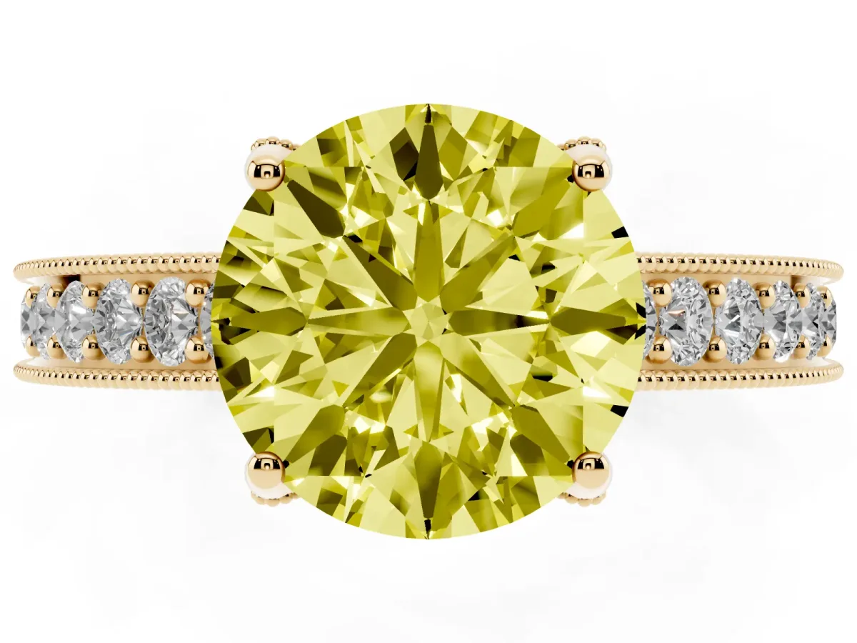 Fancy Yellow Round Cut Cut Diamond Solitaire Ring with Milgrain Pave Band and Four Prong Setting Yellow gold