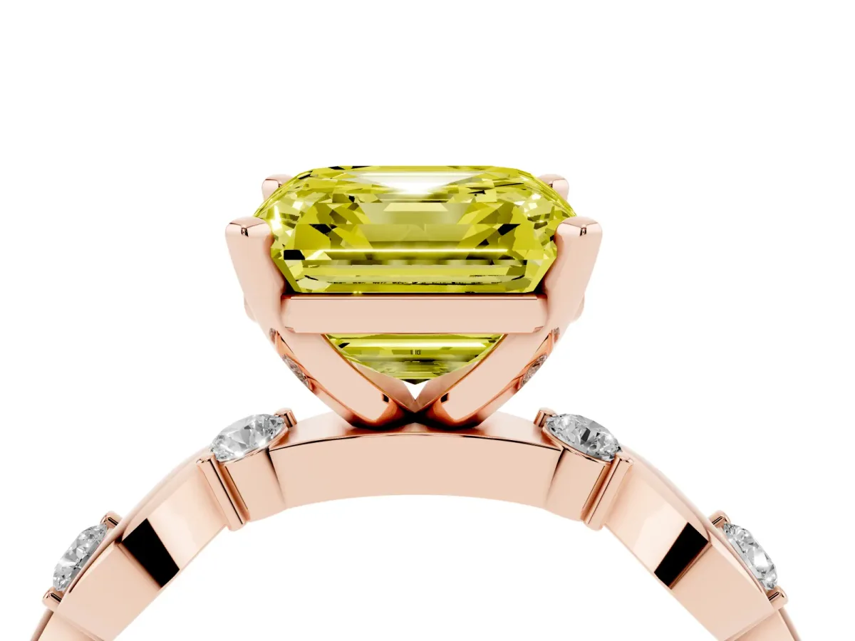 Fancy Yellow Asscher Cut Diamond Solitaire Twisted Band with Round Accents and Prong Setting Rose gold