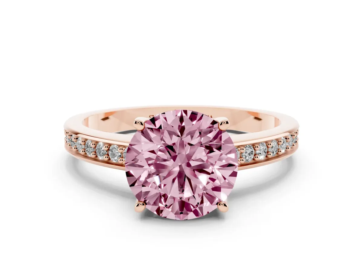 Fancy Pink Round Cut Solitaire Pavé Band Prong Setting Ring Rose gold
