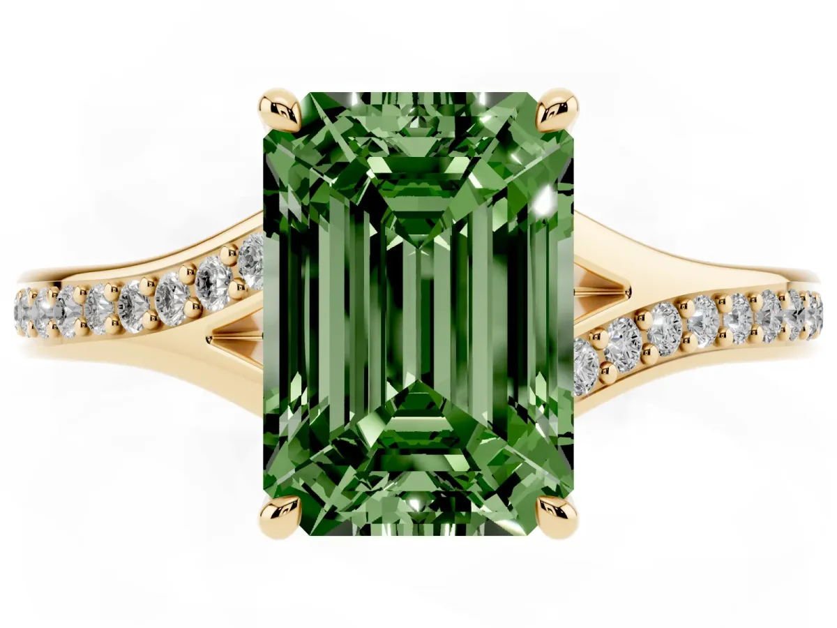 Fancy Green Emerald Cut Diamond Solitaire Ring with Pavé Band and Prong Setting Yellow gold