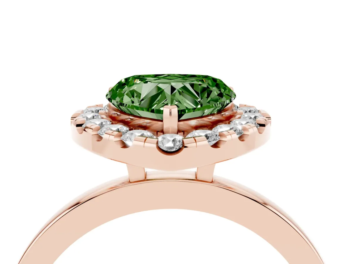 Fancy Green Heart Cut Halo Diamond Solitaire with Pavé Band and Four-Prong Setting Rose gold