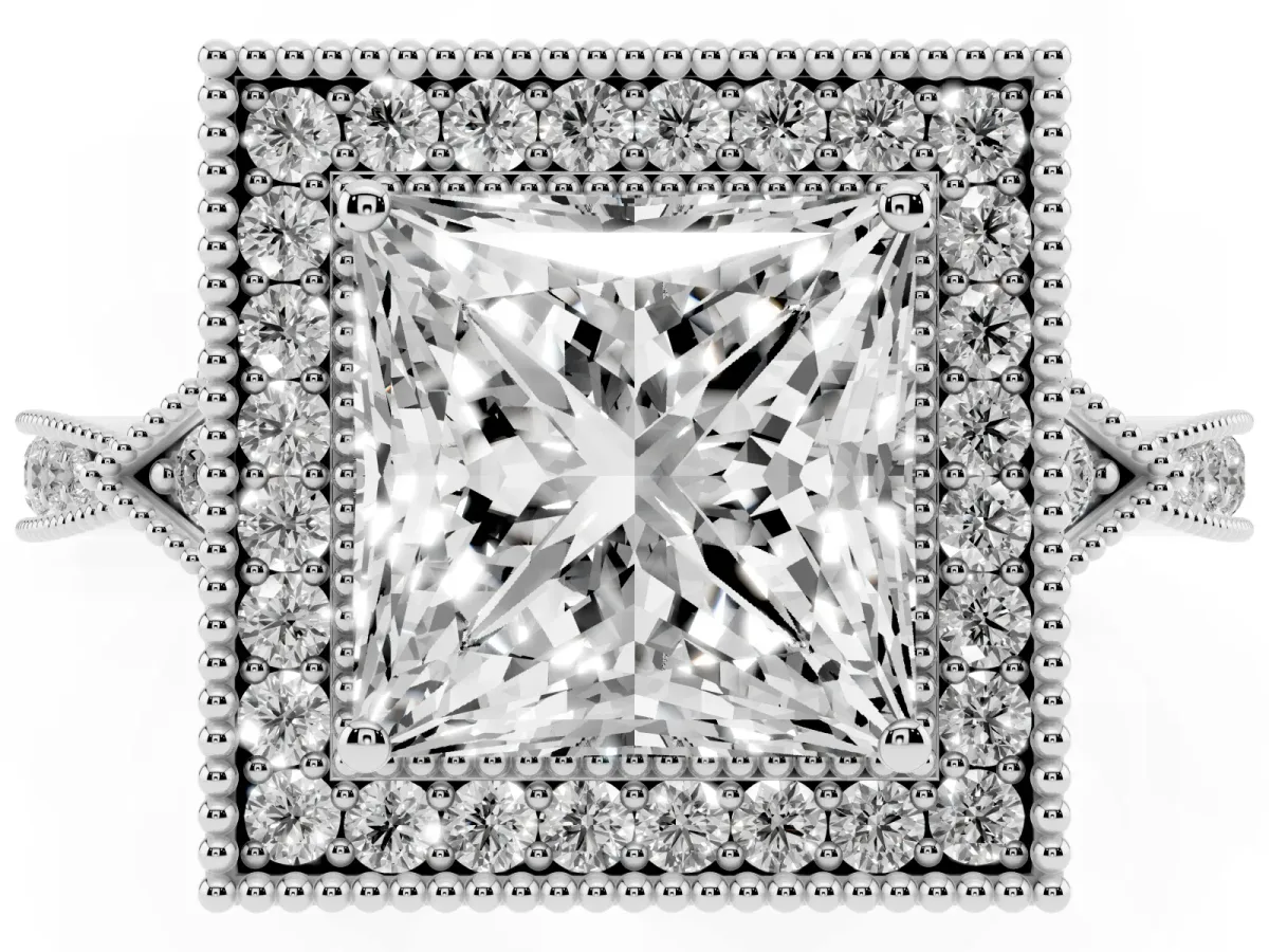 Princess Cut Halo Round Diamond Milgrain Pave Engagement Ring Silver