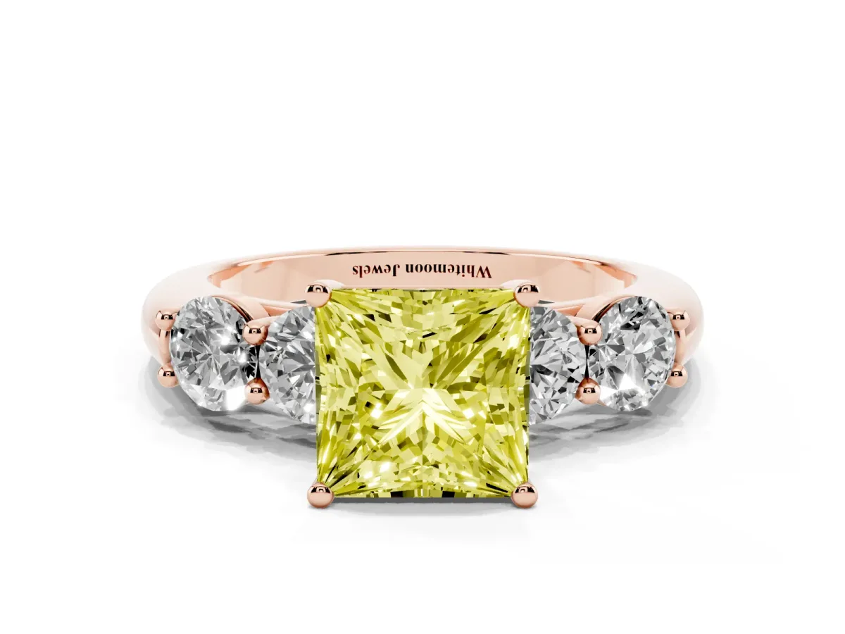 Fancy Yellow Princess Cut Cut Five-Stone Prong Set Diamond Ring with Classic Band Rose gold