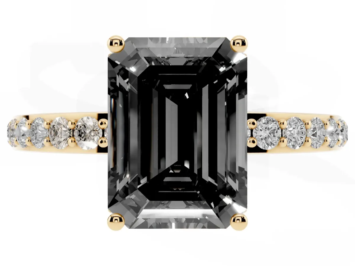 Fancy Black Emerald Cut Diamond Solitaire Ring with Pavé Band and Hidden Halo Yellow gold