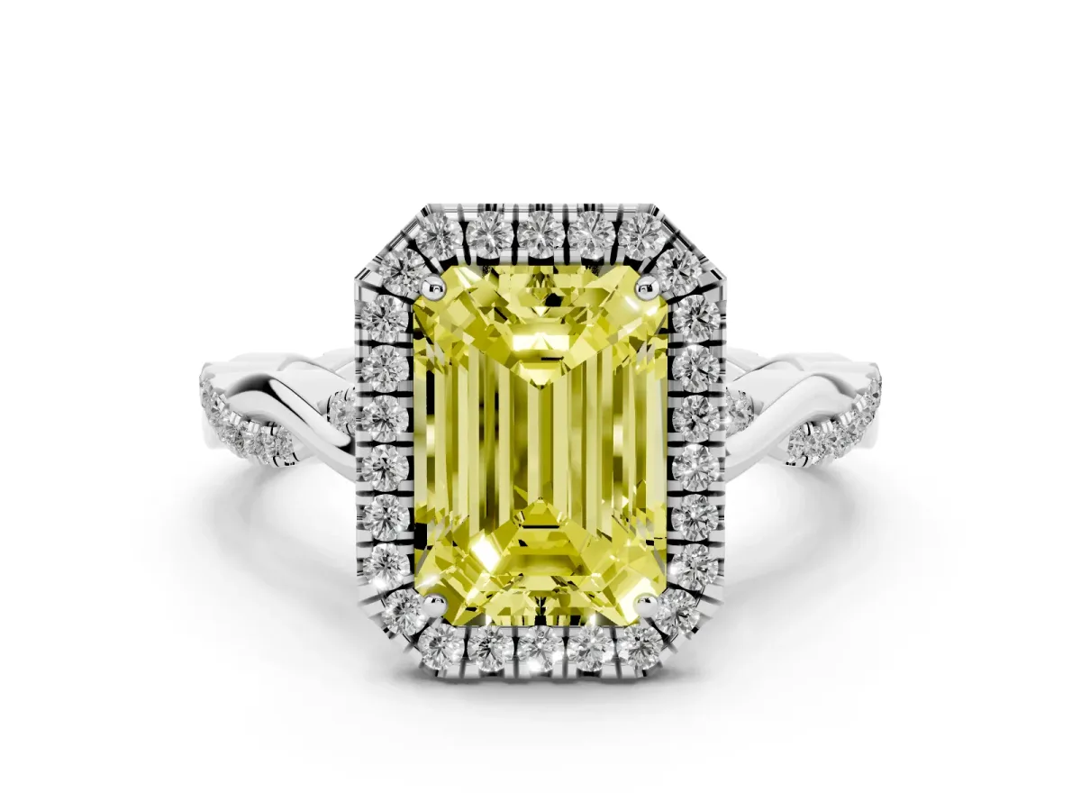 Fancy Yellow Emerald Cut Halo Twist Band Solitaire Ring Silver