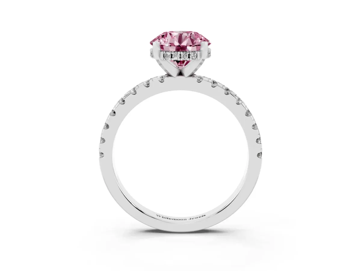 Fancy Pink Round Cut Diamond Solitaire Ring with Round Pavé Band and Four-Prong Setting Silver