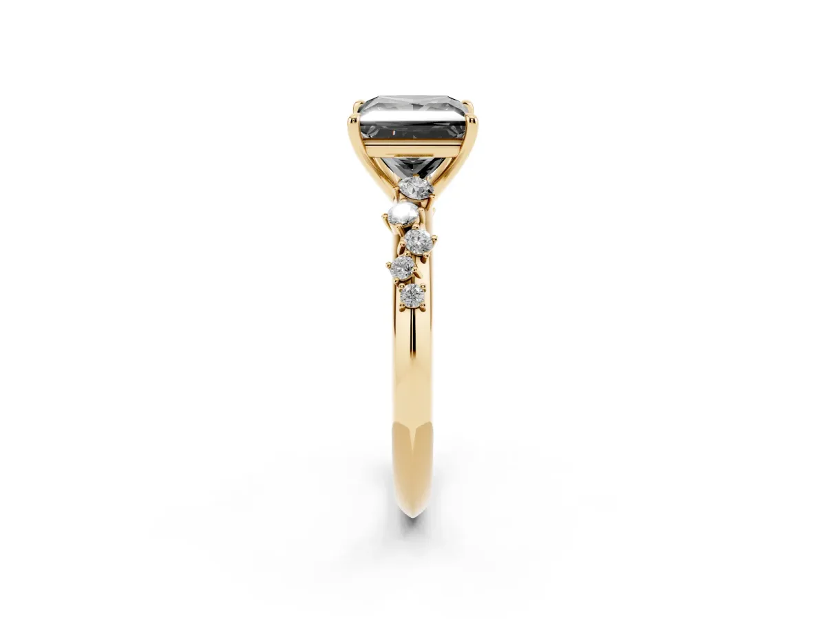 Fancy Black Princess Cut Diamond Cluster Side Stone Solitaire Ring with Prong Setting Yellow gold