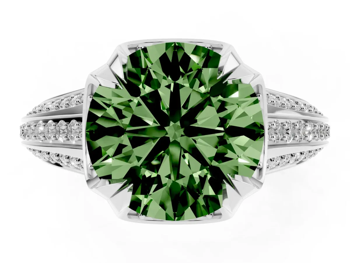 Fancy Green Round Cut Solitaire Pave Split Shank Ring with Four-Prong Setting Platinum