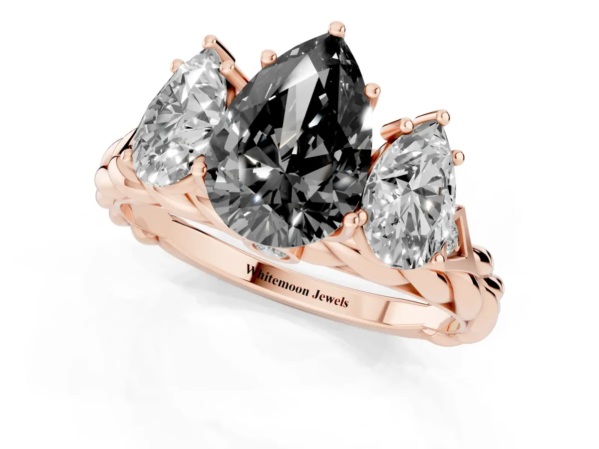 Fancy Black Three-Stone Pear Cut Diamond Braided Band Ring with Four-Prong Setting Rose gold