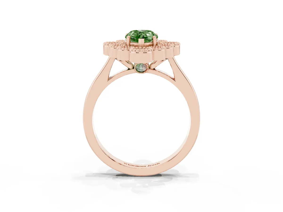 Fancy Green Pear Cut Halo Diamond Cluster Engagement Ring with Milgrain Bezel Setting and Solitaire Band Rose gold