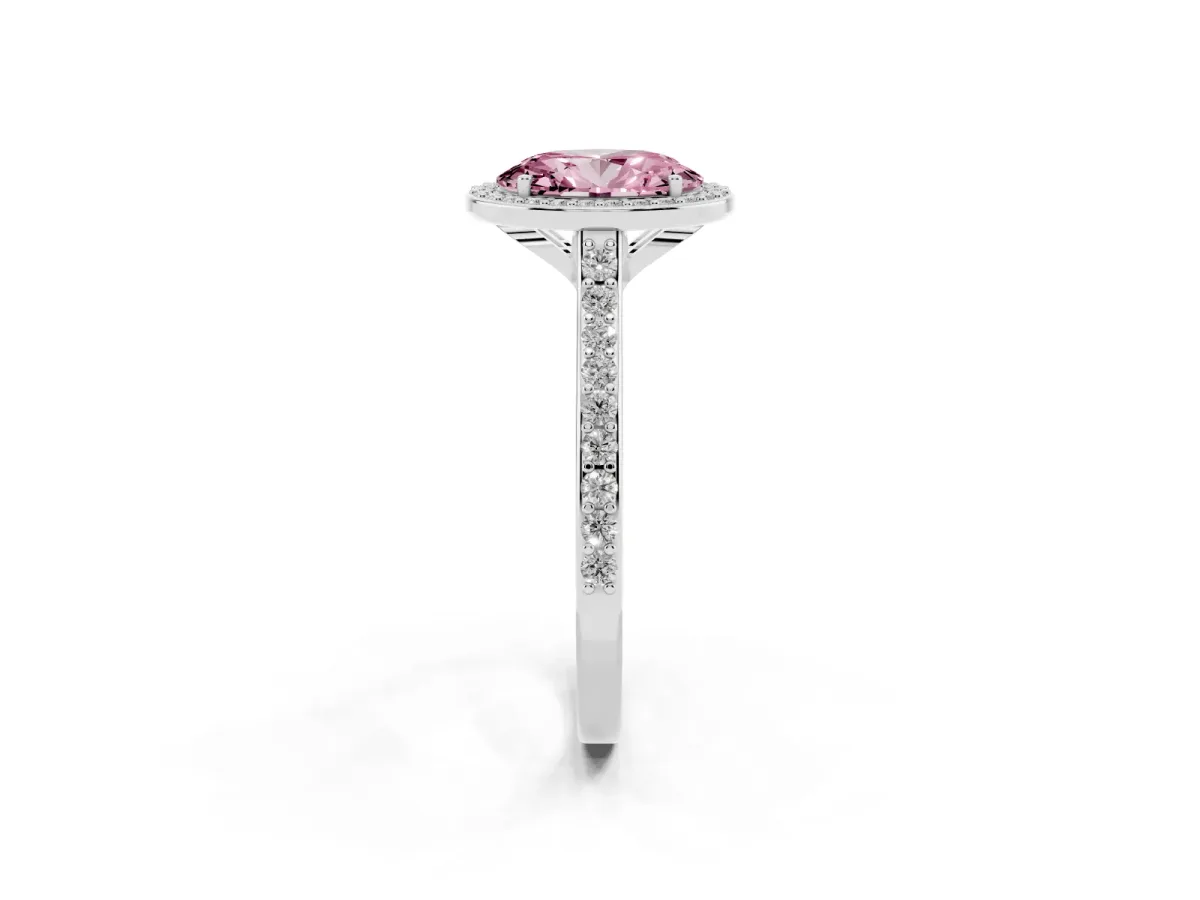 Fancy Pink Oval Cut Diamond Halo Engagement Ring with Round Pavé Shoulders and Prong Setting Platinum