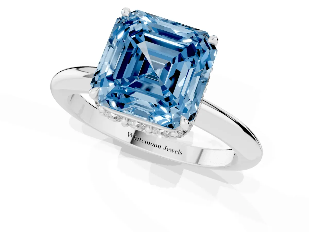 Fancy Blue Asscher Cut Brilliant Solitaire Engagement Ring with Six-Prong Setting and Classic Band Silver