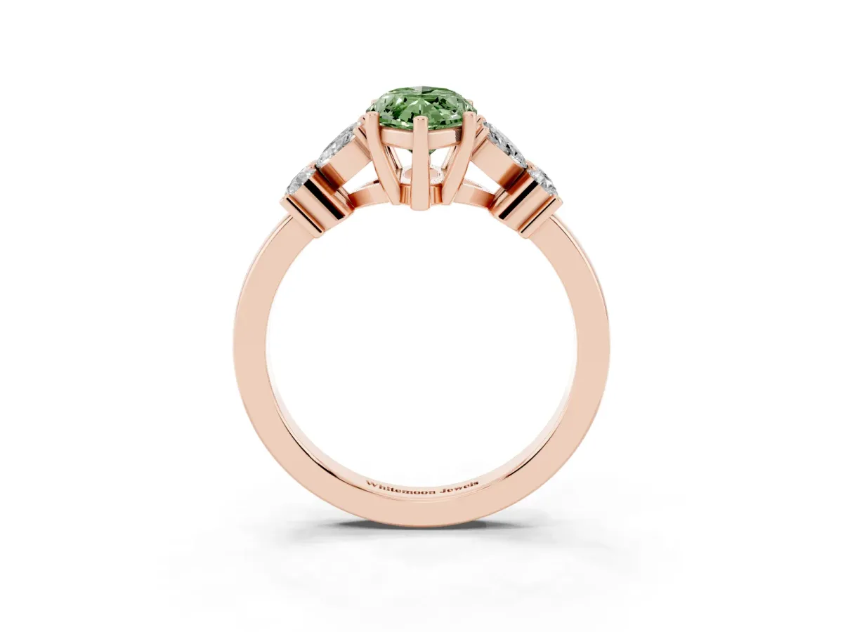 Fancy Green Marquise Cut Diamond Floral Cluster Ring with Solitaire Band and Prong Setting Rose gold