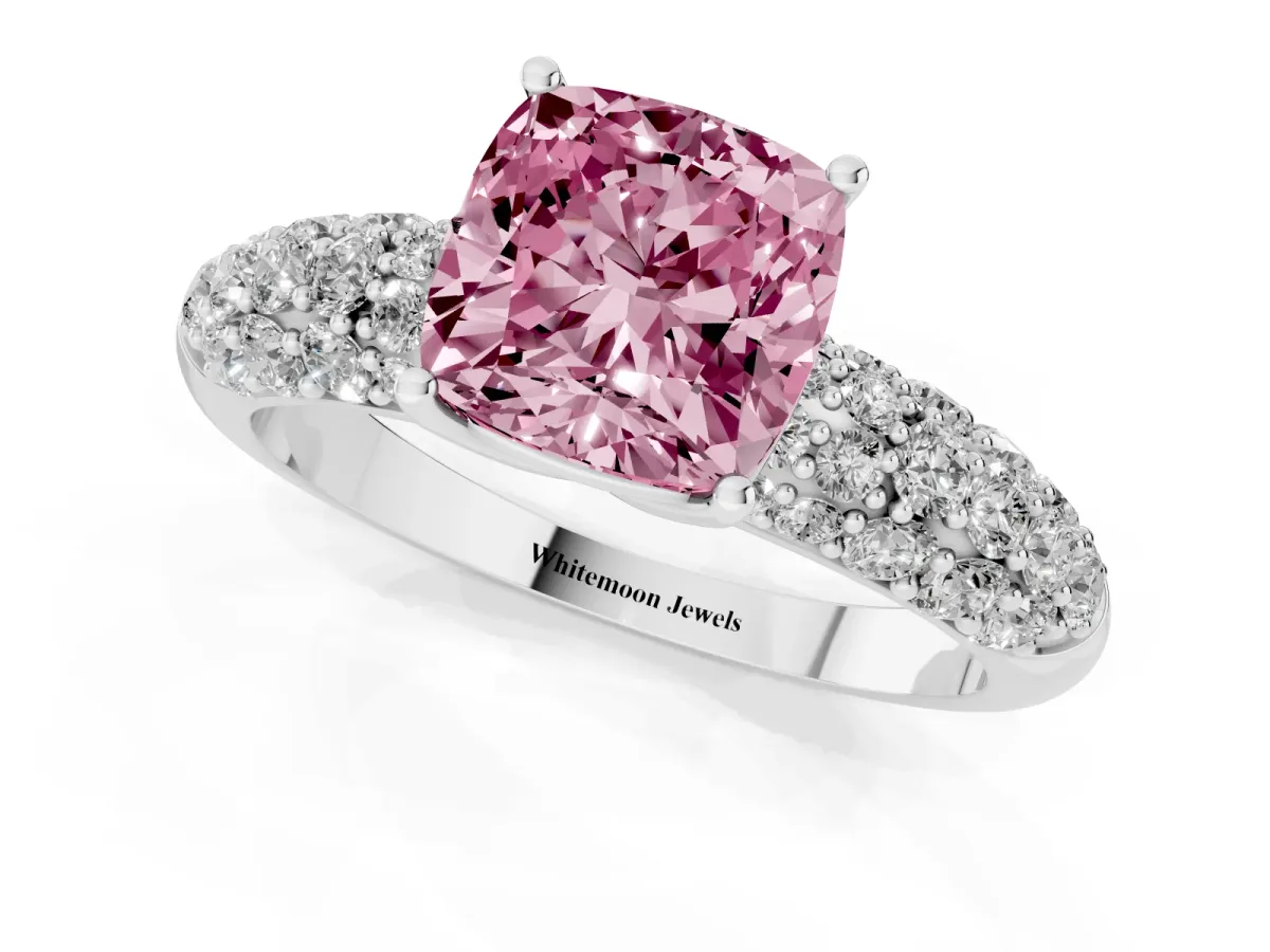 Fancy Pink Cushion Cut Diamond Pavé Band Solitaire Ring with Four-Prong Setting Silver
