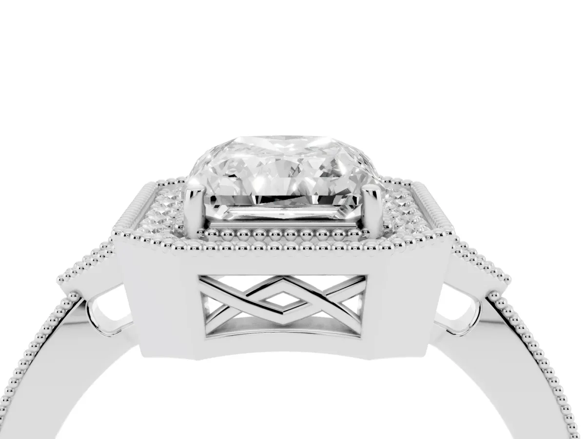Radiant Cut Halo Round Diamond Milgrain Pave Engagement Ring Silver