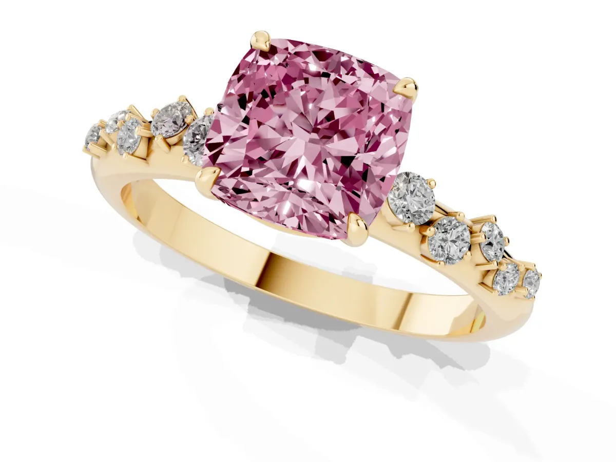 Fancy Pink Cushion Cut Diamond Cluster Prong-Set Solitaire Ring Yellow gold