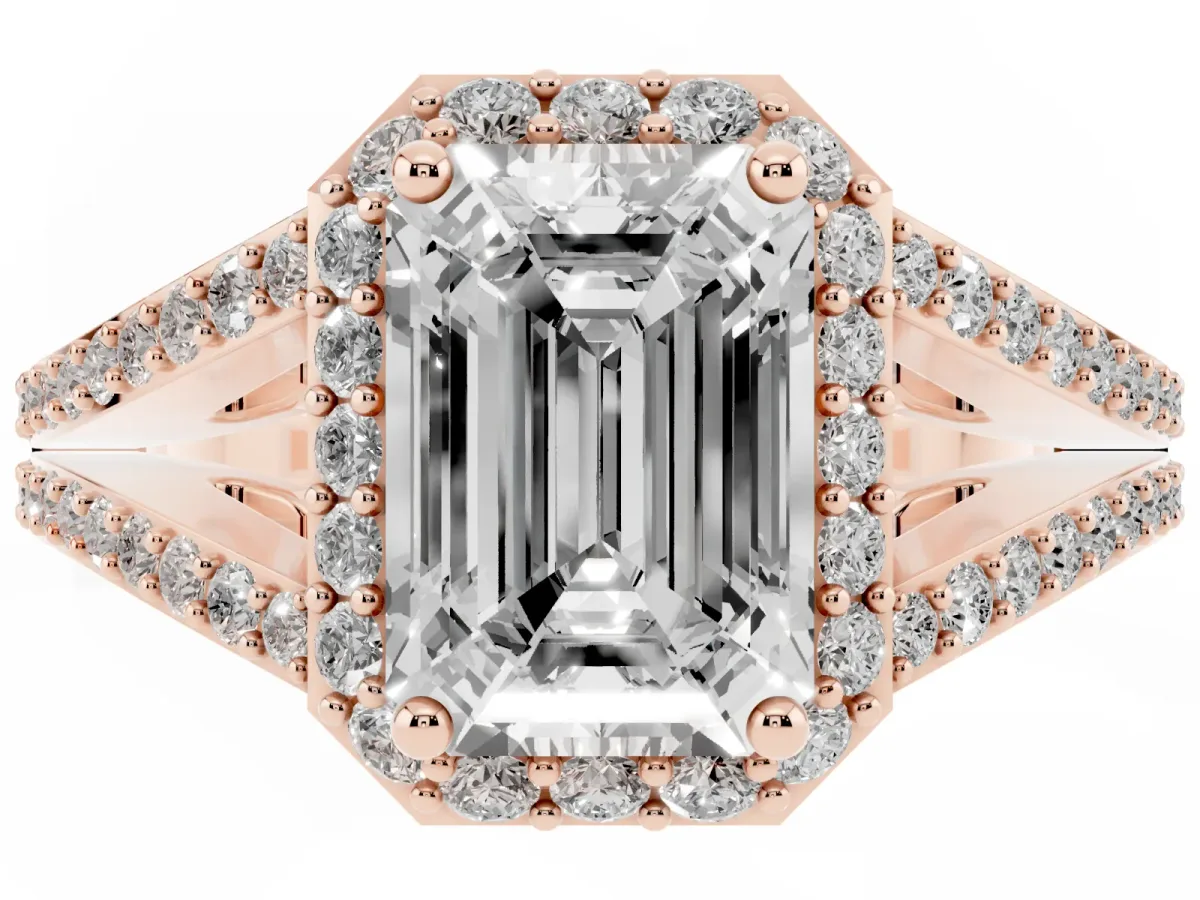 Emerald Cut Halo Split Shank Pave Diamond Ring with Four-Prong Setting Rose gold