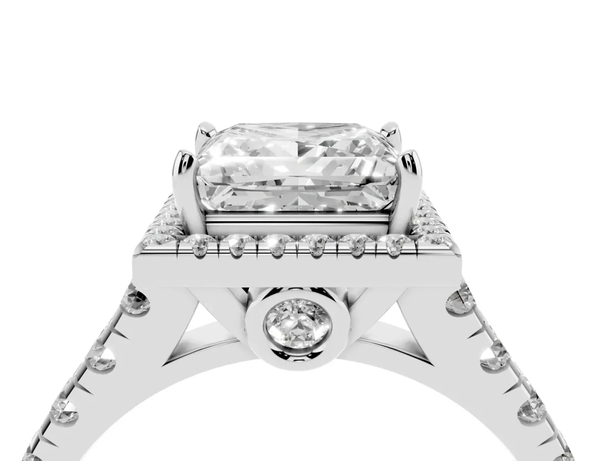 Princess Cut Halo Pavé Diamond Engagement Ring with Four-Prong Setting Silver