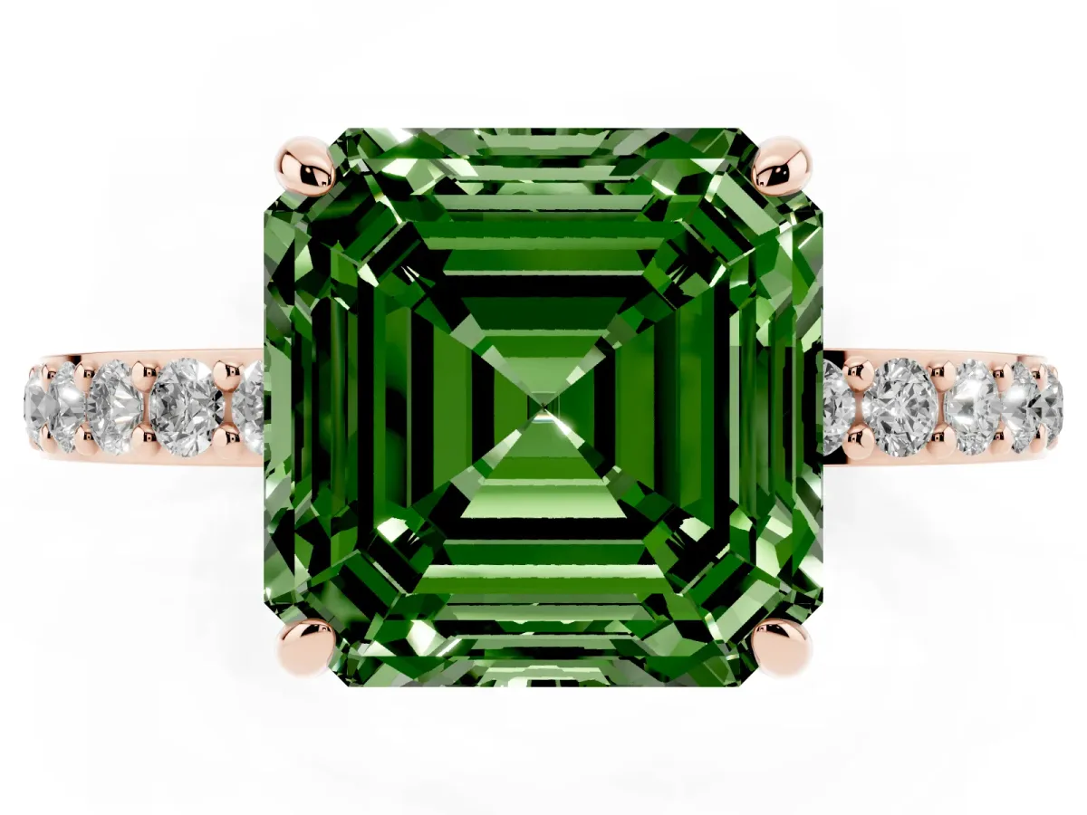 Fancy Green Asscher Cut Diamond Solitaire Engagement Ring with Pavé Band and Four-Prong Setting Rose gold