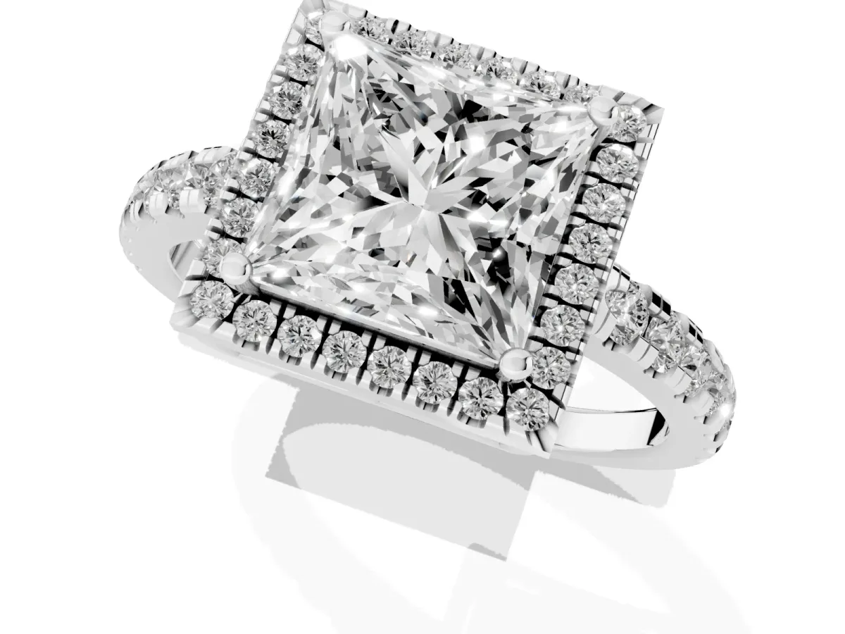 Princess Cut Diamond Halo Ring with Pavé Band and Four-Prong Setting Silver