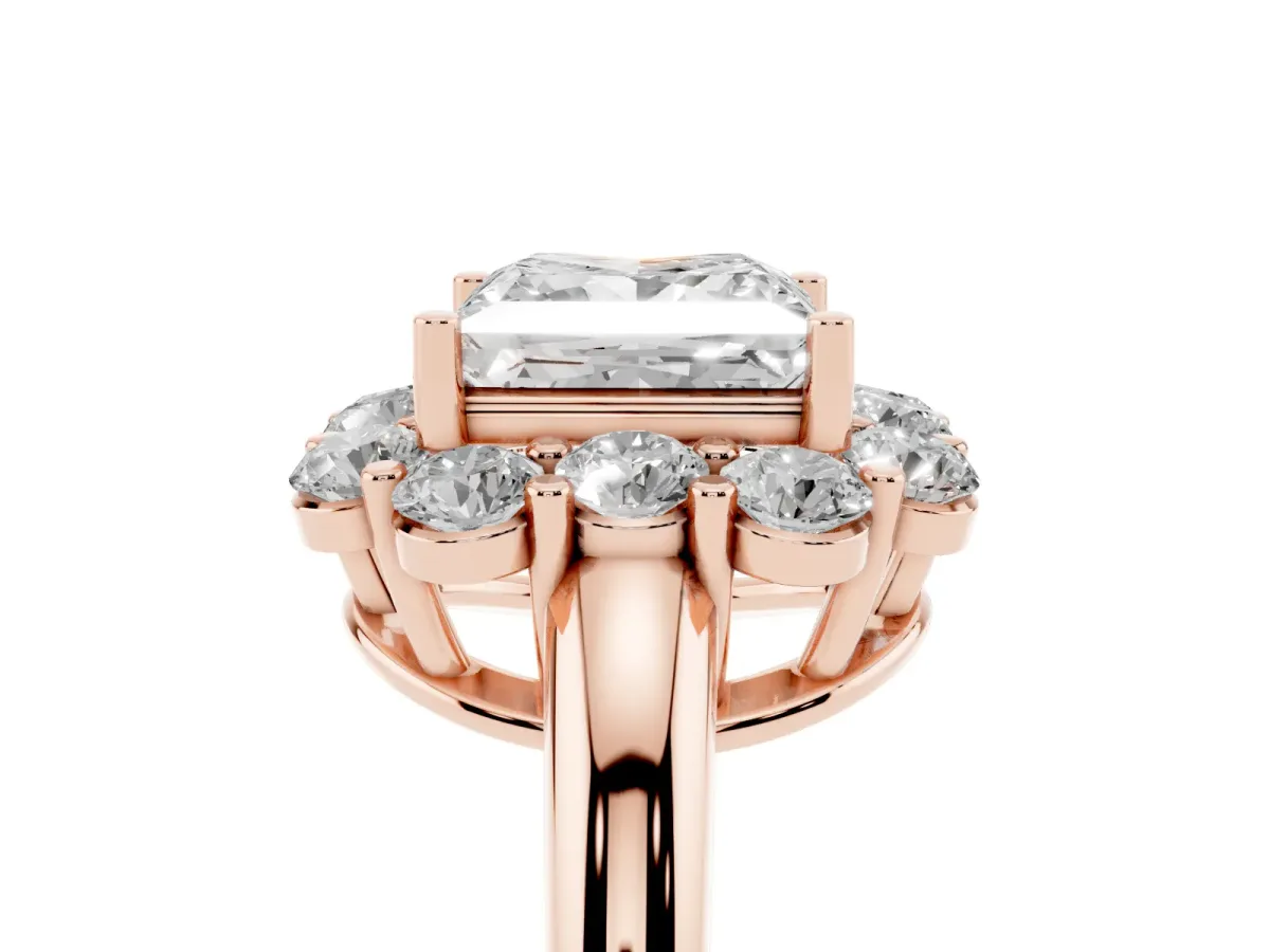 Princess Cut Halo Milgrain Solitaire with Bezel Set Side Stones and Pave Band Rose gold