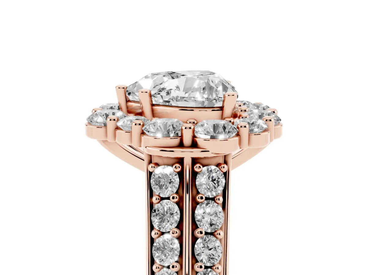 Heart Cut Halo Diamond Engagement Ring with Split Shank and Prong Setting Rose gold