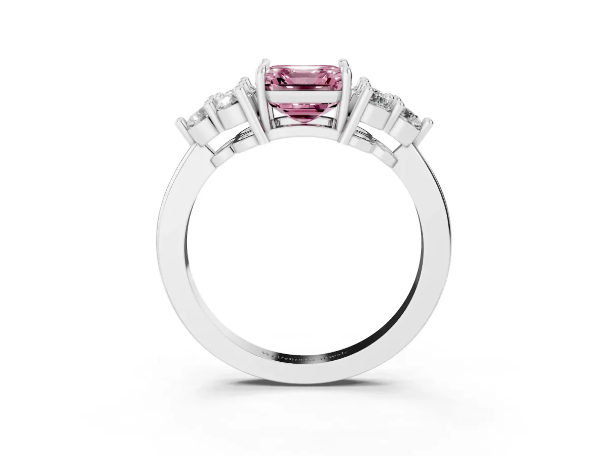 Fancy Pink Asscher Cut Brilliant Diamond Cluster Accent Solitaire Ring with Prong Setting Silver