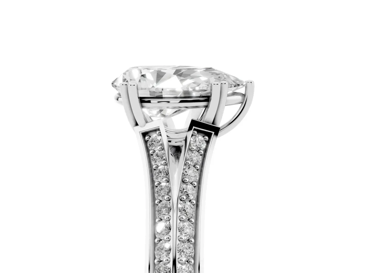 Pear Cut Diamond Split Shank Engagement Ring with Pavé Band Silver