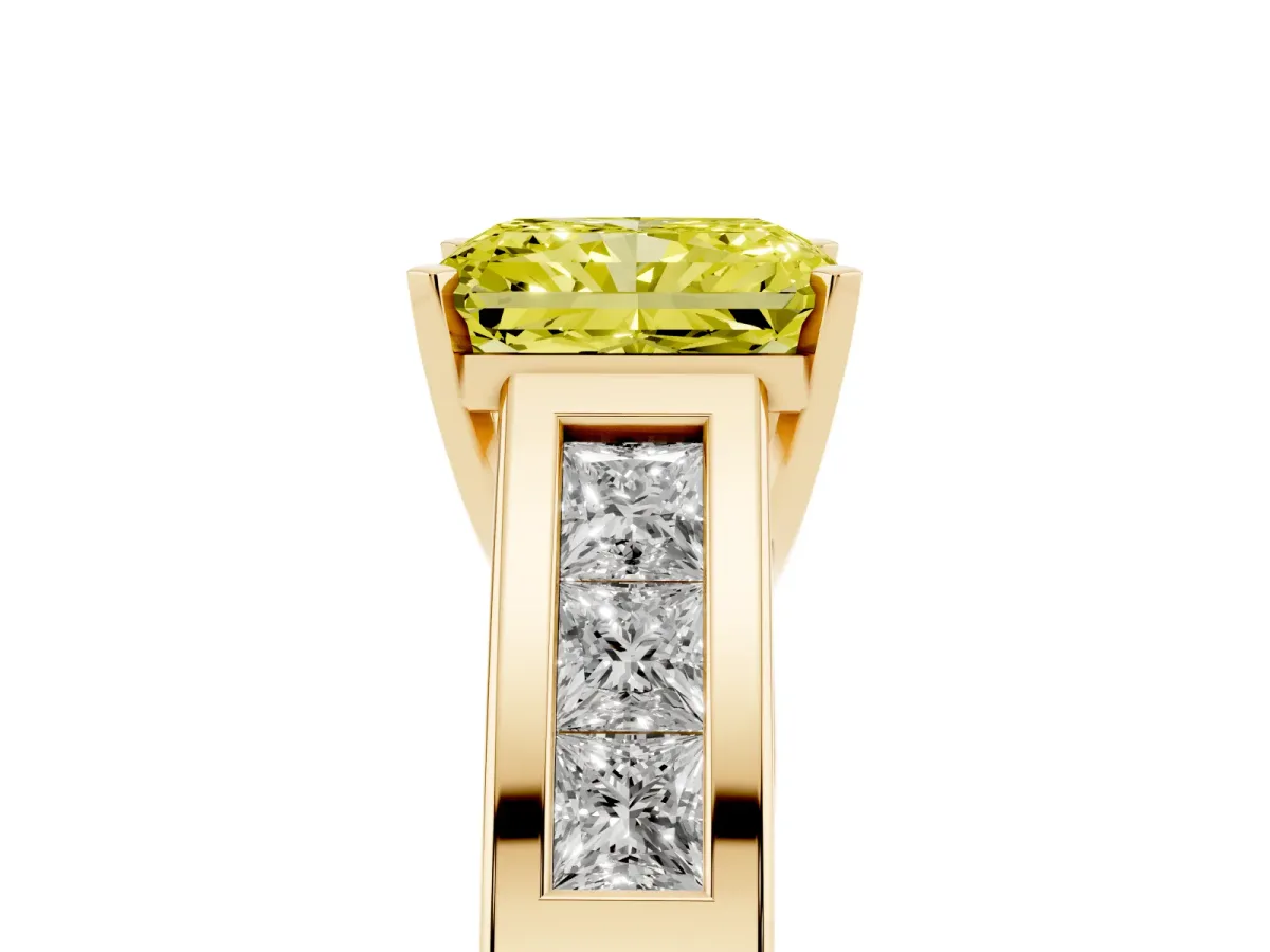 Fancy Yellow Radiant Cut Cut Channel Set Solitaire Ring with Four-Prong Setting Yellow gold