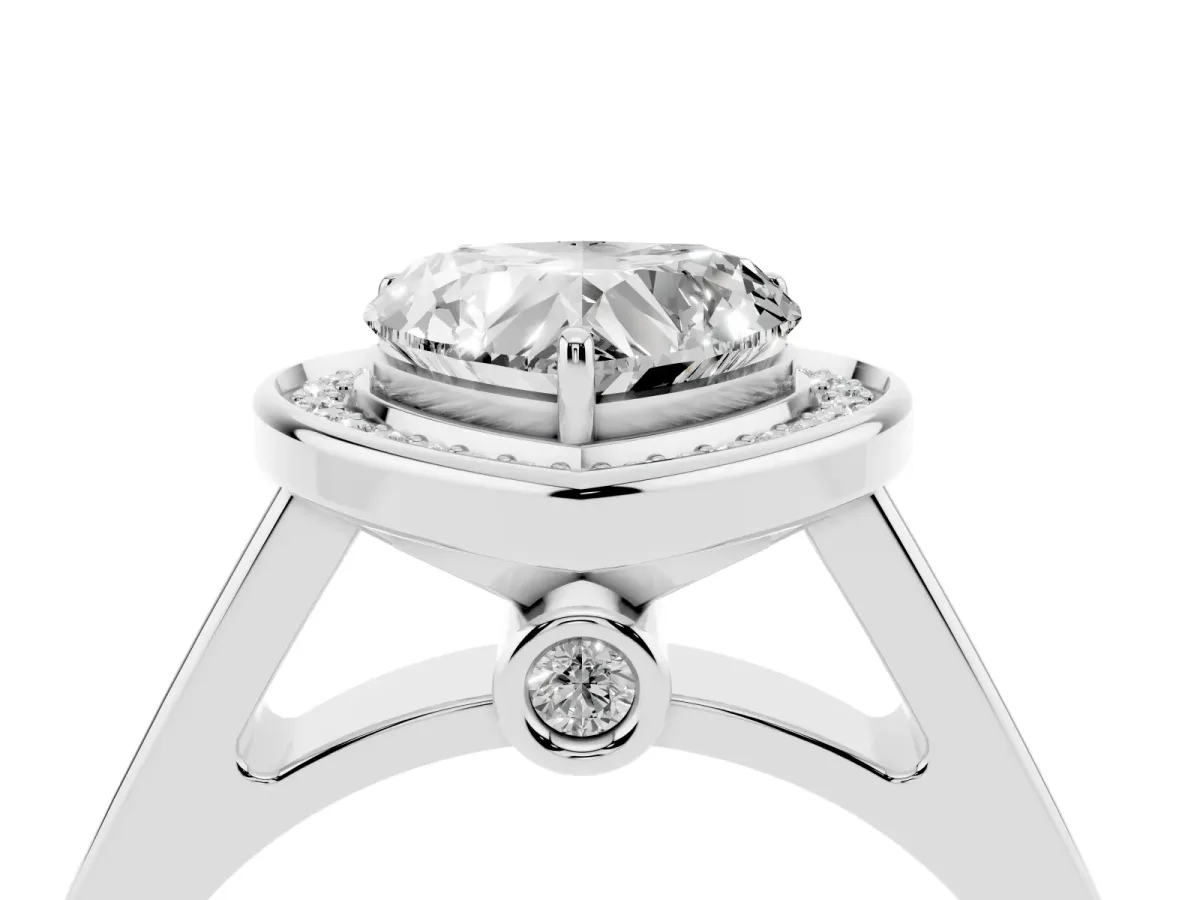 Heart Cut Halo Solitaire Diamond Ring with Pave Band and Bezel Setting Platinum