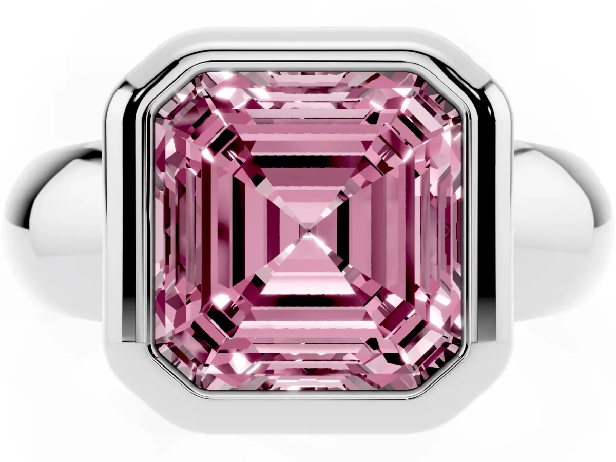 Fancy Pink Bezel Set Asscher Cut Solitaire Ring with Wide Band Silver