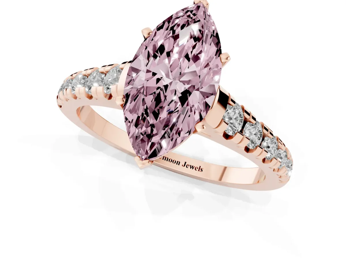 Fancy Pink Marquise Cut Diamond Cathedral Solitaire Ring with Round Pavé Band Rose gold