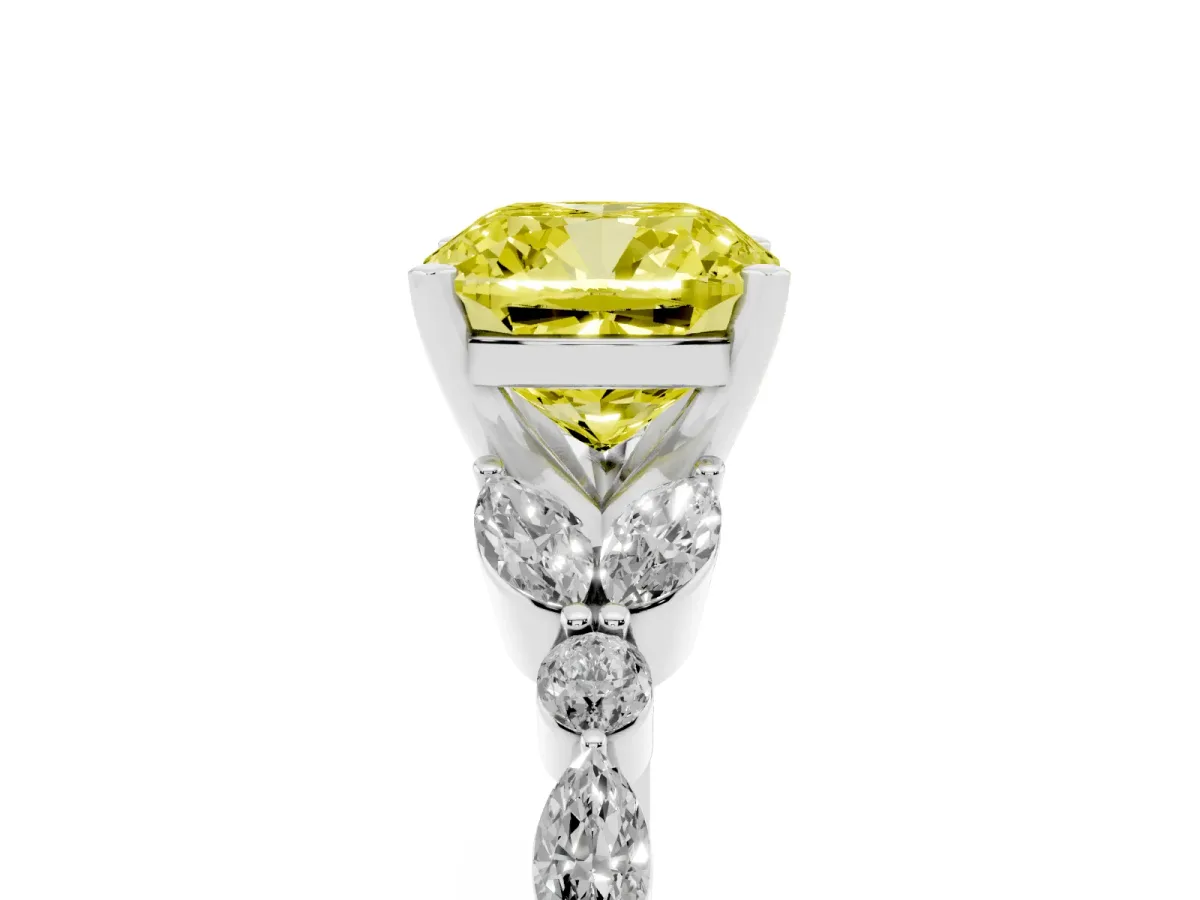 Fancy Yellow Cushion Cut Diamond Solitaire Ring with Side Stones and Four-Prong Setting Silver