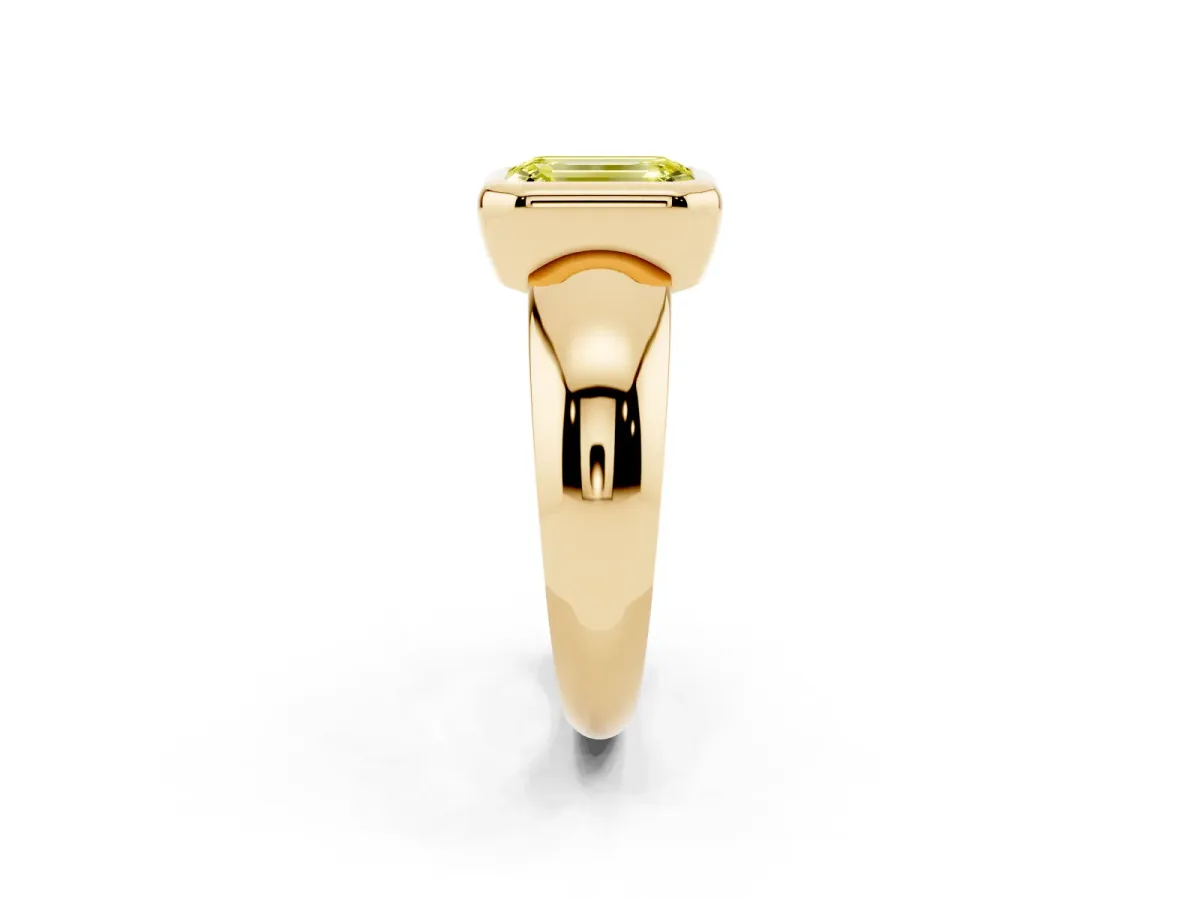 Fancy Yellow Bezel Set Emerald Cut Solitaire Ring with Wide Band Yellow gold