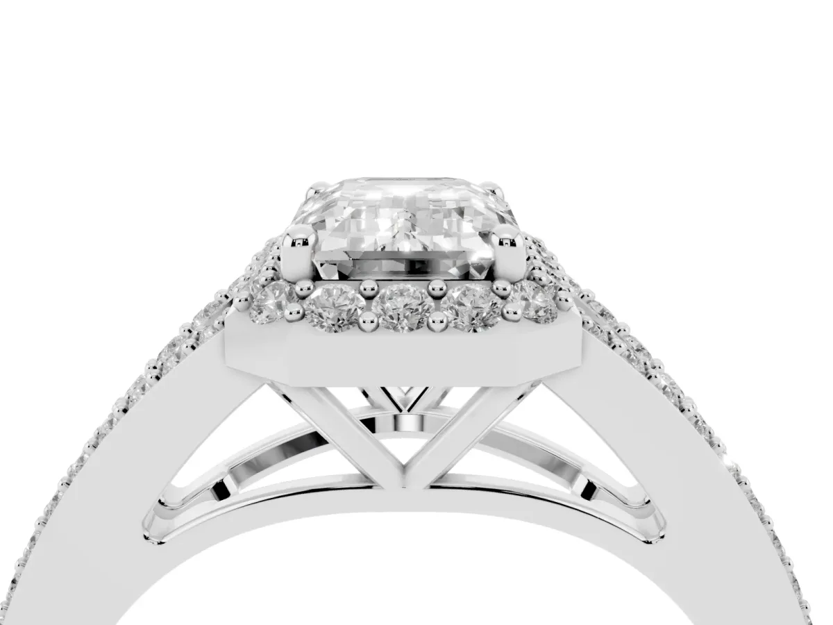 Emerald Cut Halo Split Shank Diamond Ring with Prong Setting Platinum